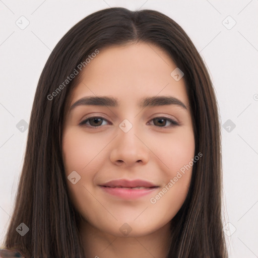 Neutral white young-adult female with long  brown hair and brown eyes