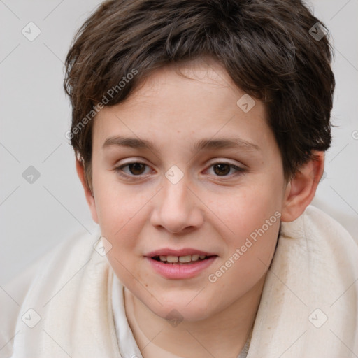 Joyful white child female with short  brown hair and brown eyes