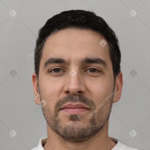 Neutral white adult male with short  black hair and brown eyes