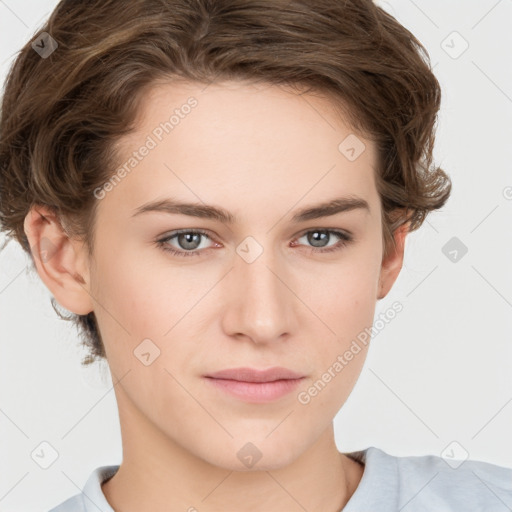 Neutral white young-adult female with short  brown hair and brown eyes