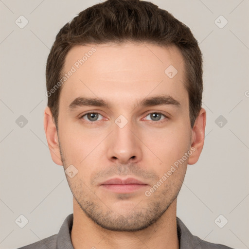 Neutral white young-adult male with short  brown hair and brown eyes