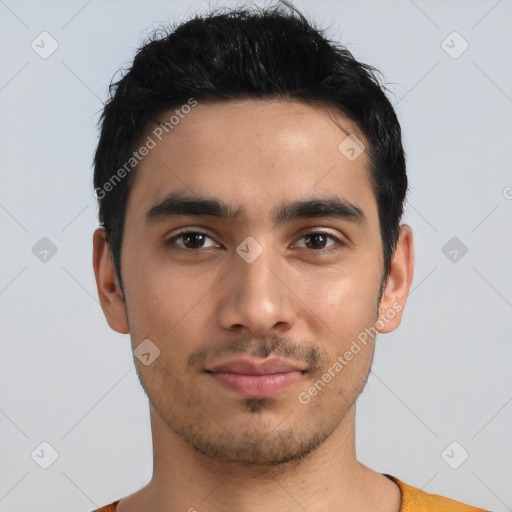 Neutral latino young-adult male with short  black hair and brown eyes