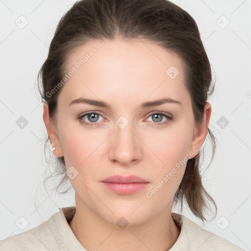 Neutral white young-adult female with medium  brown hair and grey eyes