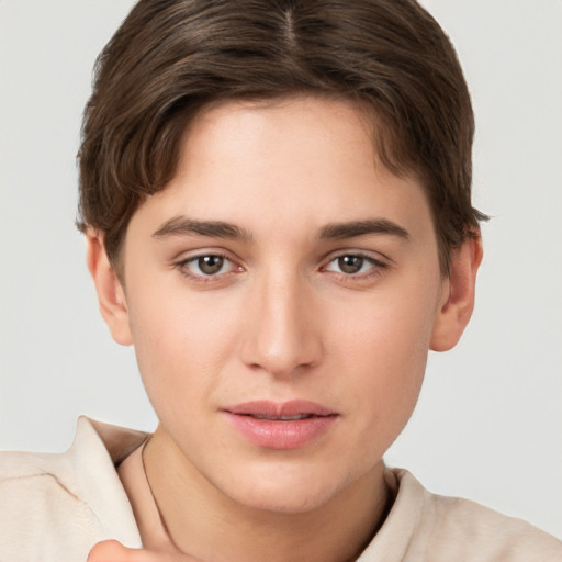 Neutral white young-adult female with short  brown hair and brown eyes