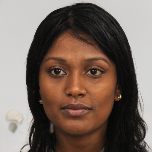 Neutral asian young-adult female with long  black hair and brown eyes