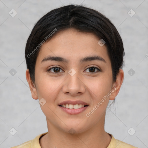 Joyful white young-adult female with short  brown hair and brown eyes