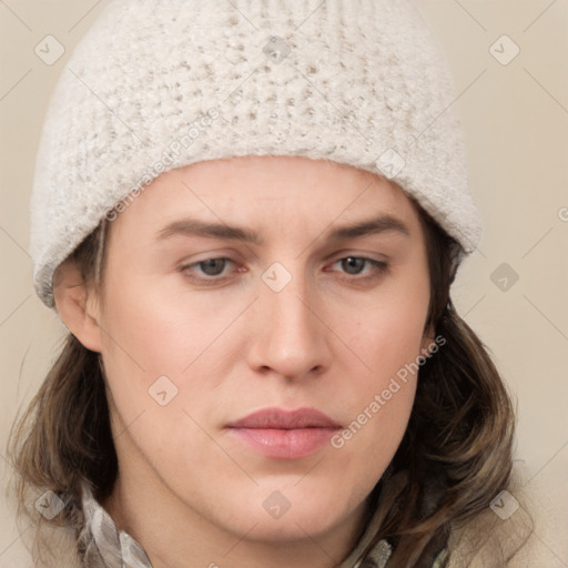 Neutral white young-adult female with medium  brown hair and grey eyes