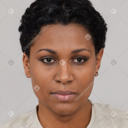 Neutral black young-adult female with short  black hair and brown eyes