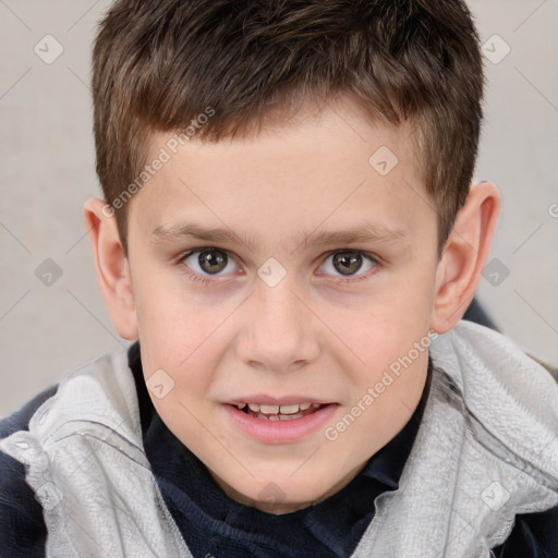 Joyful white child male with short  brown hair and brown eyes