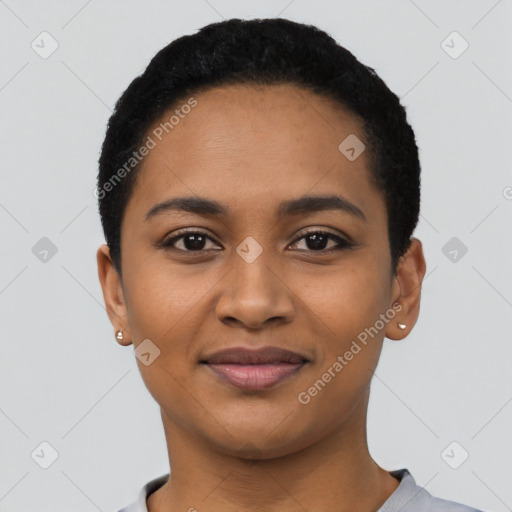 Joyful latino young-adult female with short  black hair and brown eyes