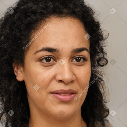 Joyful latino young-adult female with long  brown hair and brown eyes