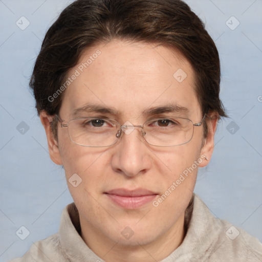 Joyful white adult female with short  brown hair and brown eyes