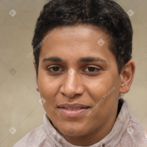 Joyful latino young-adult male with short  brown hair and brown eyes