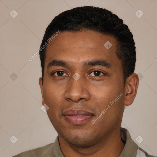 Neutral black young-adult male with short  black hair and brown eyes