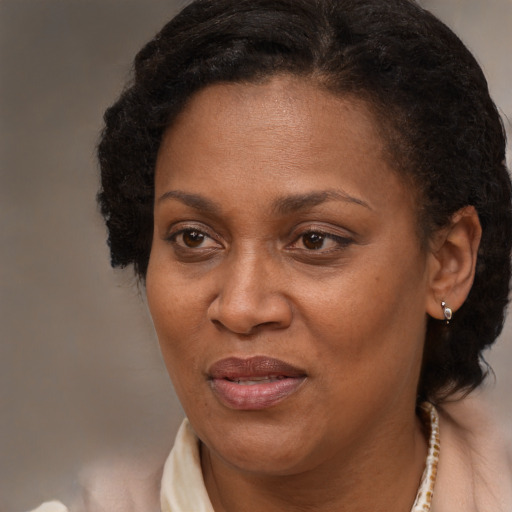 Joyful black adult female with short  brown hair and brown eyes