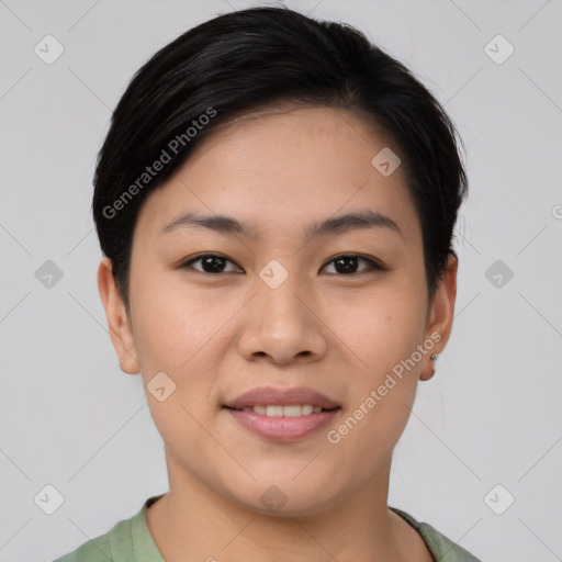 Joyful asian young-adult female with short  brown hair and brown eyes