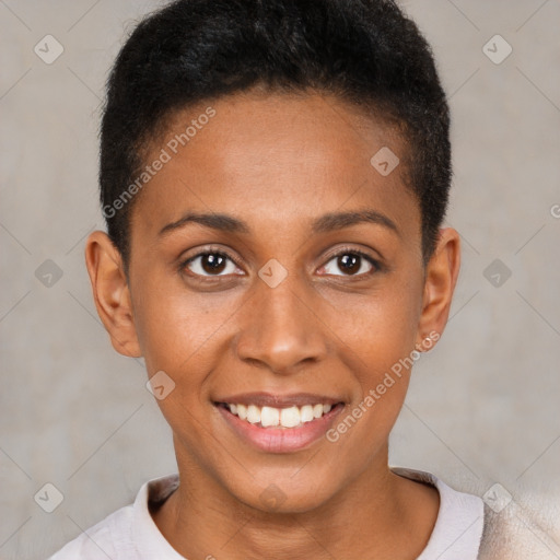 Joyful black young-adult female with short  brown hair and brown eyes