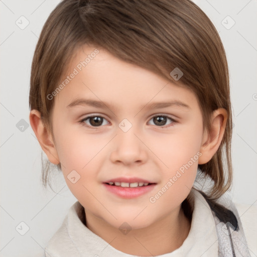 Joyful white child female with medium  brown hair and brown eyes