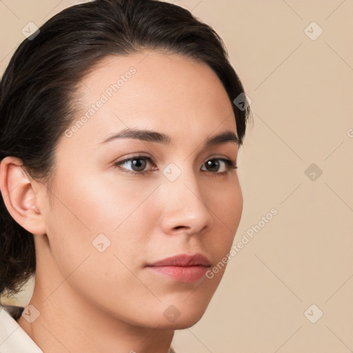 Neutral white young-adult female with medium  brown hair and brown eyes