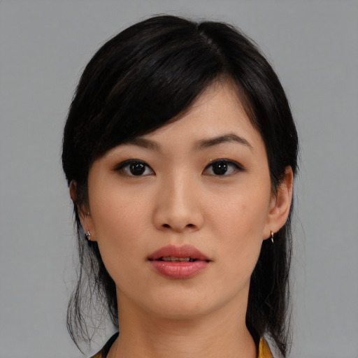 Neutral asian young-adult female with medium  black hair and brown eyes