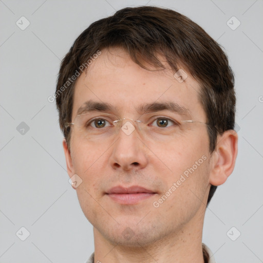 Neutral white adult male with short  brown hair and brown eyes