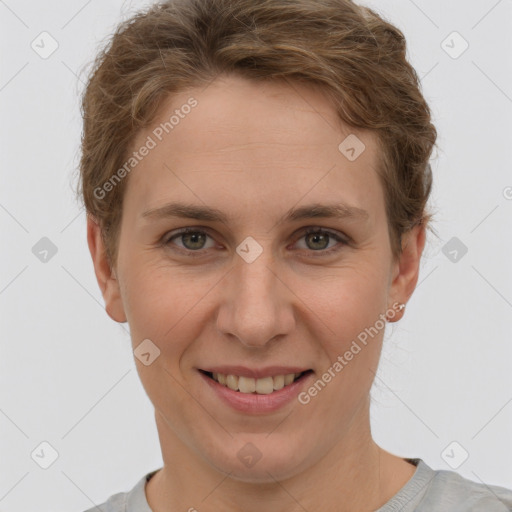 Joyful white young-adult female with short  brown hair and grey eyes