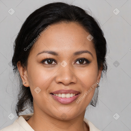 Joyful white young-adult female with medium  brown hair and brown eyes