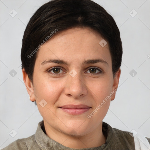 Joyful white young-adult female with short  brown hair and grey eyes