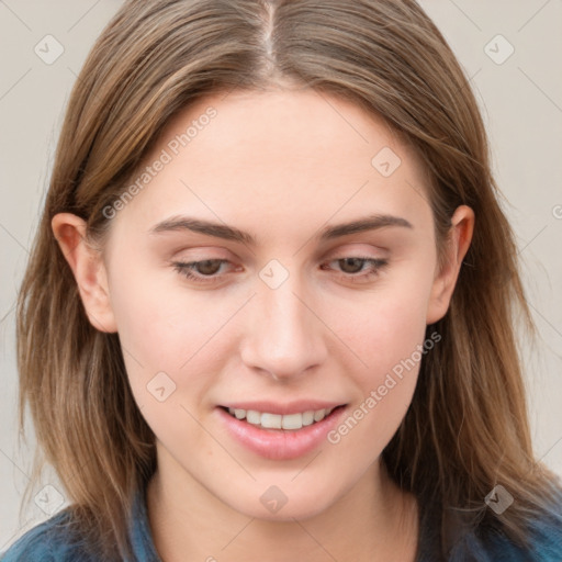 Joyful white young-adult female with medium  brown hair and blue eyes