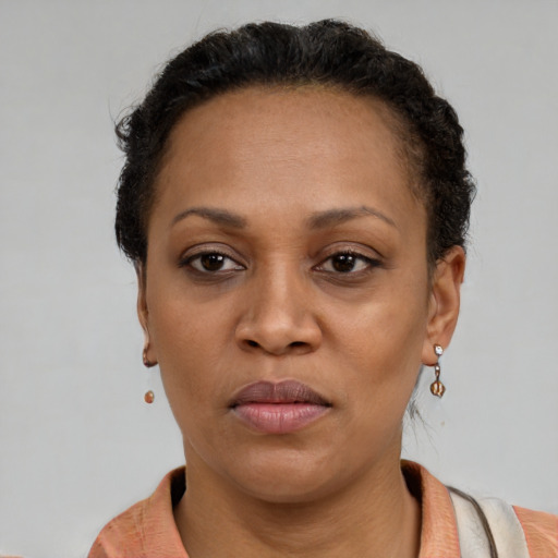Neutral latino adult female with short  brown hair and brown eyes