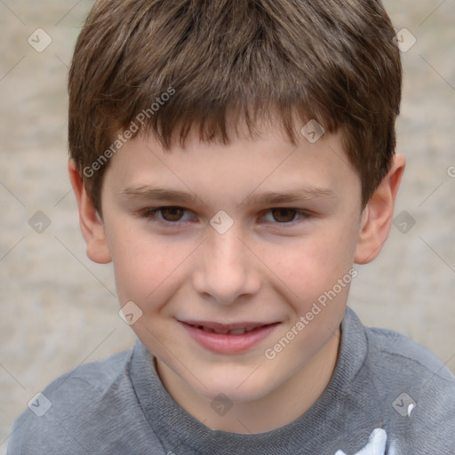 Joyful white child male with short  brown hair and brown eyes