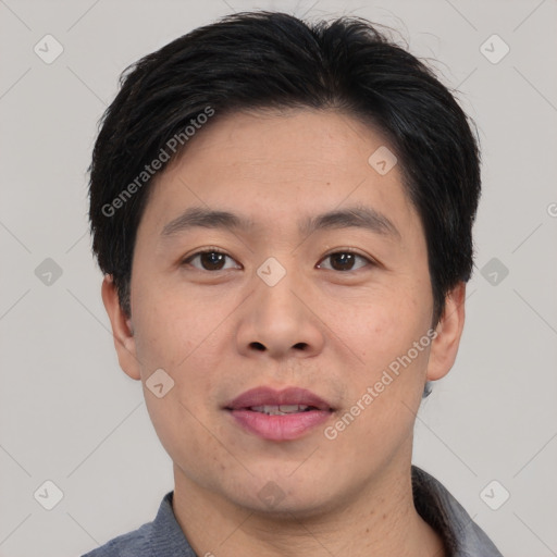 Neutral asian young-adult male with short  black hair and brown eyes