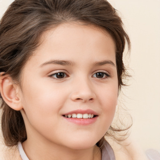 Joyful white child female with medium  brown hair and brown eyes