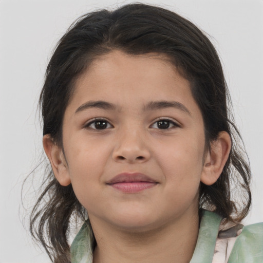Joyful asian child female with medium  brown hair and brown eyes