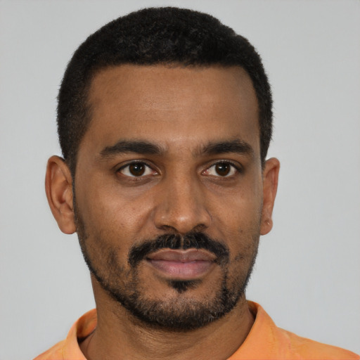 Neutral black young-adult male with short  black hair and brown eyes