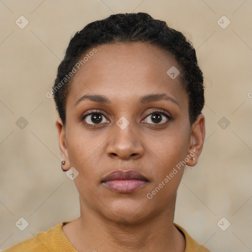 Neutral black young-adult female with short  black hair and brown eyes