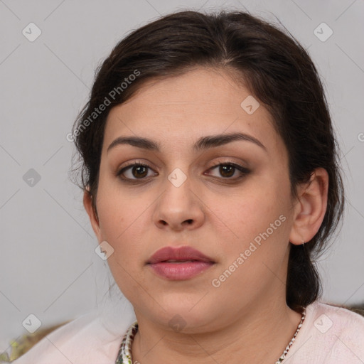 Neutral white young-adult female with medium  brown hair and brown eyes