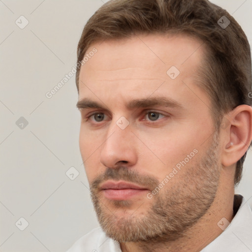 Neutral white young-adult male with short  brown hair and brown eyes