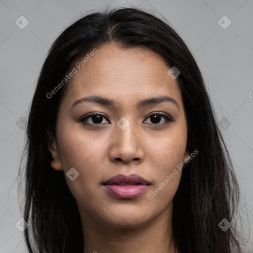 Joyful asian young-adult female with long  brown hair and brown eyes