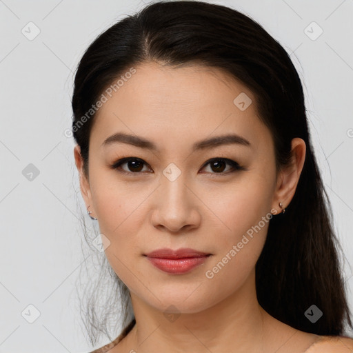 Joyful white young-adult female with long  brown hair and brown eyes