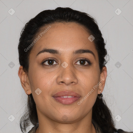 Joyful latino young-adult female with medium  brown hair and brown eyes