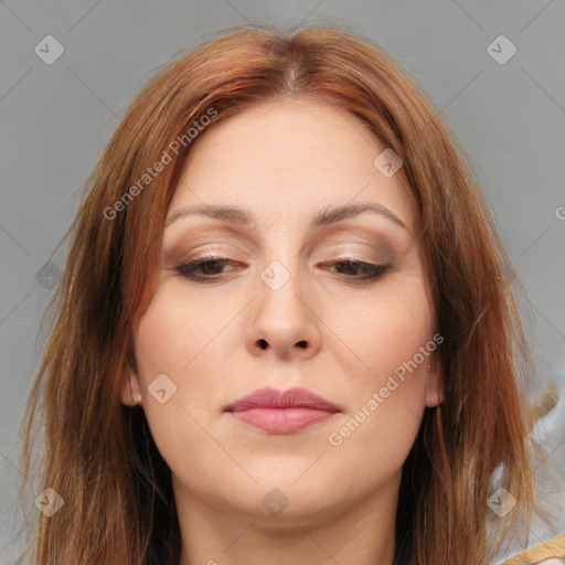 Joyful white young-adult female with medium  brown hair and brown eyes