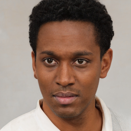 Neutral black young-adult male with short  black hair and brown eyes