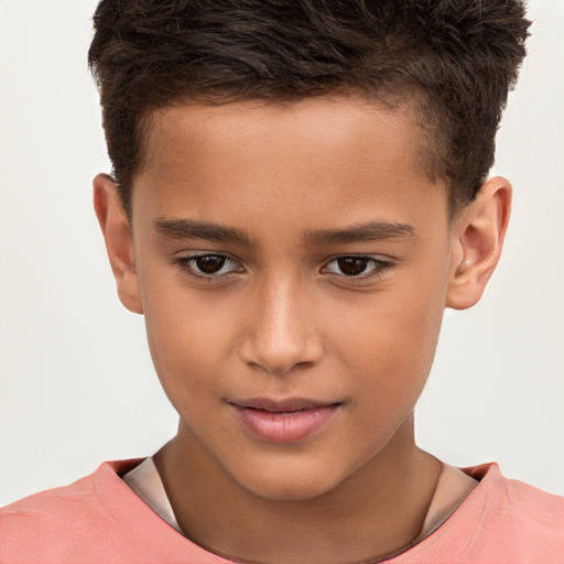 Joyful white child male with short  brown hair and brown eyes