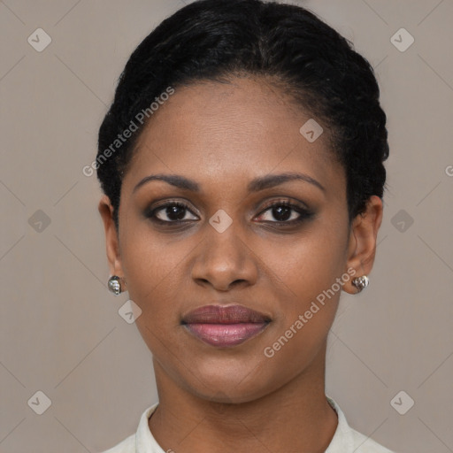 Joyful black young-adult female with short  black hair and brown eyes