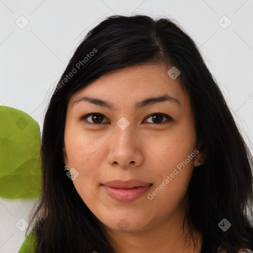 Joyful asian young-adult female with long  brown hair and brown eyes