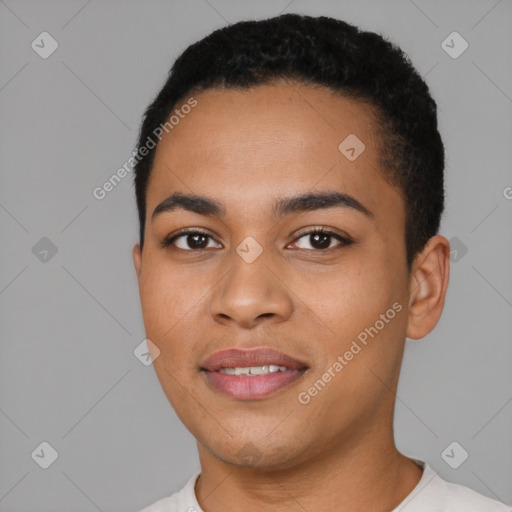 Joyful latino young-adult female with short  black hair and brown eyes