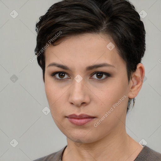 Neutral white young-adult female with short  brown hair and brown eyes