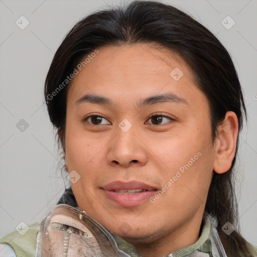 Joyful white young-adult female with medium  brown hair and brown eyes