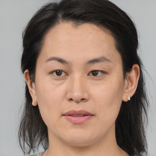 Joyful asian adult female with medium  brown hair and brown eyes